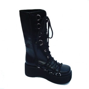 Black 2.6" Heel High Sexy Patent Leather Point Toe Cross Straps Platform Lady Lolita Boots LF00233