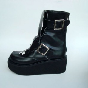 Black 2.8" Heel High Elegant Patent Leather Round Toe Stud Buckles Platform Girls Lolita Boots LF00236