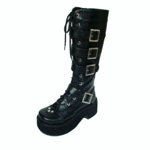 Black 2.8" Heel High Beautiful PU Point Toe Cross Straps Platform Girls Lolita Boots LF00239