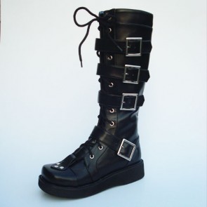 Black 1.2" Heel High Romatic Synthetic Leather Point Toe Cross Straps Platform Girls Lolita Boots LF00238
