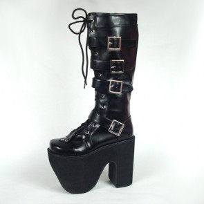 Black 6.0" Heel High Gorgeous Polyurethane Point Toe Stud Buckles Platform Girls Lolita Boots LF00237