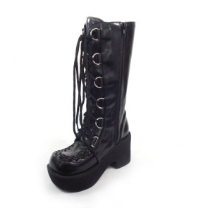 Black 3.5" Heel High Beautiful PU Round Toe Cross Straps Platform Girls Lolita Boots LF00248