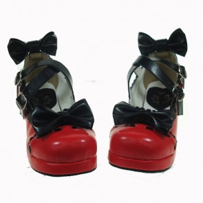 Red & Black 1.8" Heel High Cute PU Round Toe Bow Platform Lady Lolita Shoes LF00187