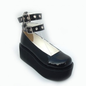 Black 2.5" Heel High Elegant Synthetic Leather Round Toe Cross Straps Platform Women Lolita Shoes LF00188