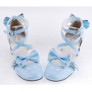 Sky-Blue 2.5" Heel High Elegant Patent Leather Point Toe Cross Straps Platform Women Lolita Shoes LF00196