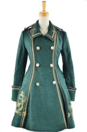 Deep Green Turndown Collar Long Sleeves Wool Flannel Lolita Coat LC0014