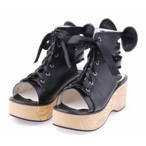 Black 2.7" Heel High Romatic PU Point Toe Cross Straps Platform Lady Lolita Sandals LF00270
