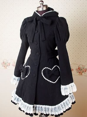 Black and White Long Puff Sleeves Bow Lace Lolita Coat LC002