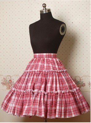 Red Check Pattern Ruffle Lolita Skirt LS001