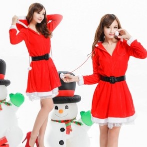 Red Women’s Christmas Costume Party Dress with Hooded Long Sleeve Uniform FCC00111