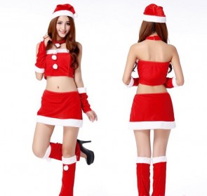Red Women’s Christmas Costume Party Skirt Suit Uniform with Hat Gloves Foot Set FCC00113
