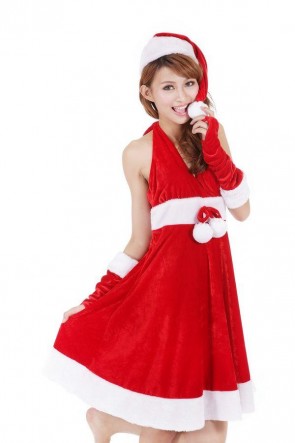 Fashion Mrs Santa Claus Costume V-neck Halter Party Dress FCC00124