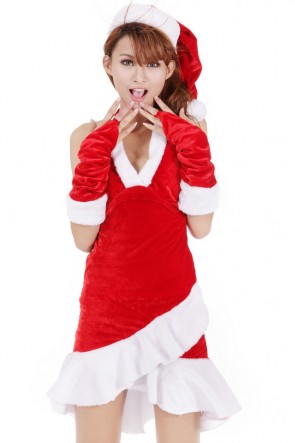 Graceful Red Mrs Santa Claus Costume V-neck Halter Dress FCC00138