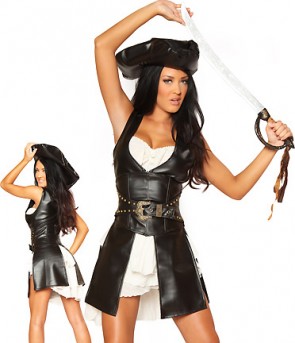 Black Leather Pirate Halloween Costume For Sexy Women Fancy Dress  MC0085