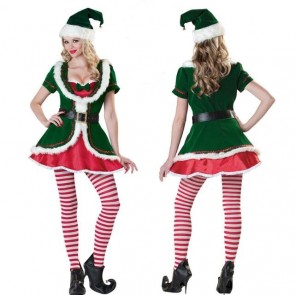 Green Christmas costume red dress 5 parts a suit hat and socks FCC0097