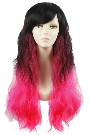 70cm Long Mixed Black Gradient Rose Red Fluffy Curly Fashion Wig CW00446