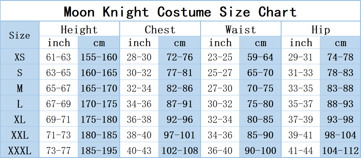 Men cosplay size chart
