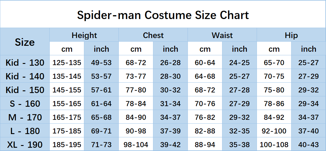 Men cosplay size chart