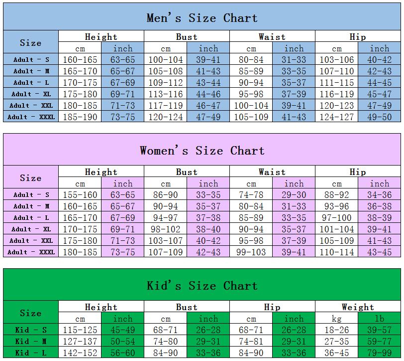 Men cosplay size chart