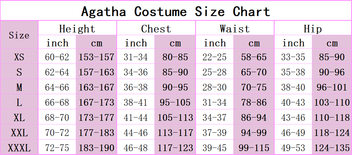 Women cosplay size chart