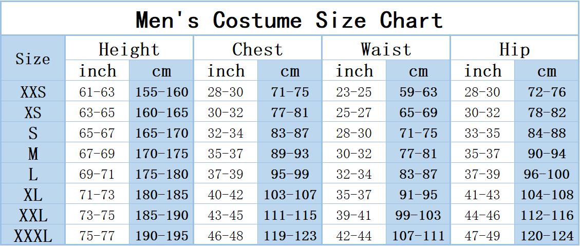 Men cosplay size chart