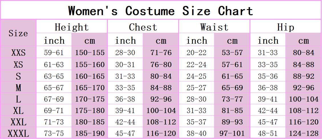 Women cosplay size chart