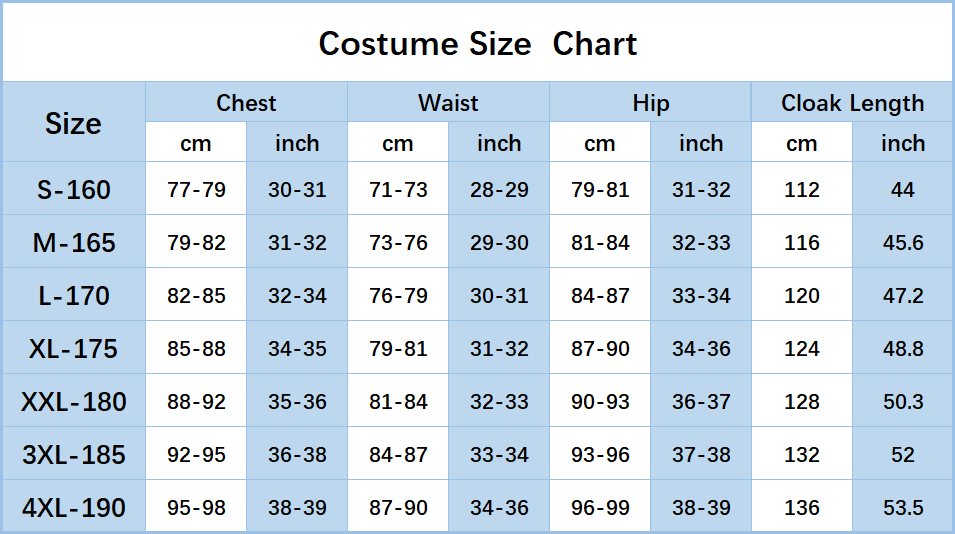 Men cosplay size chart