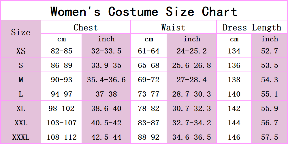 Men cosplay size chart