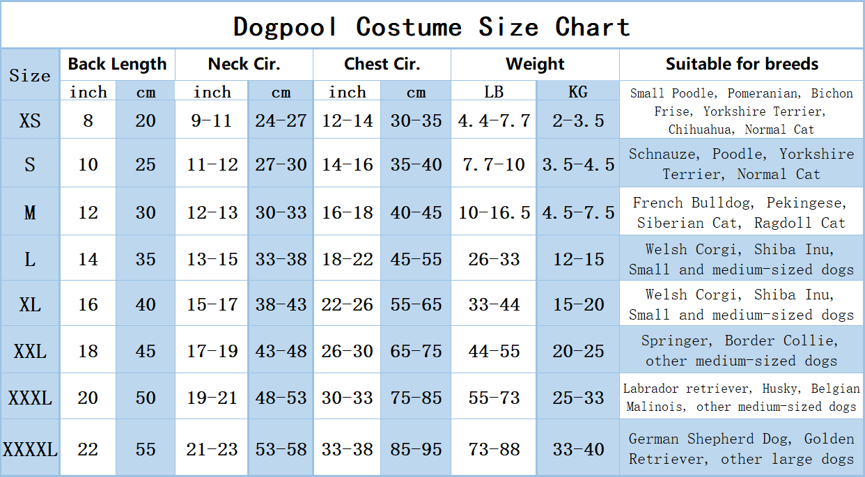 Men cosplay size chart