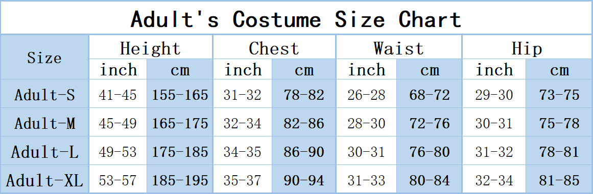 Women cosplay size chart