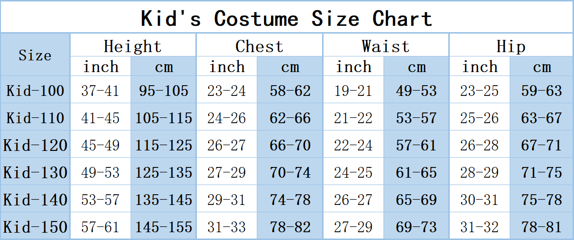 Men cosplay size chart