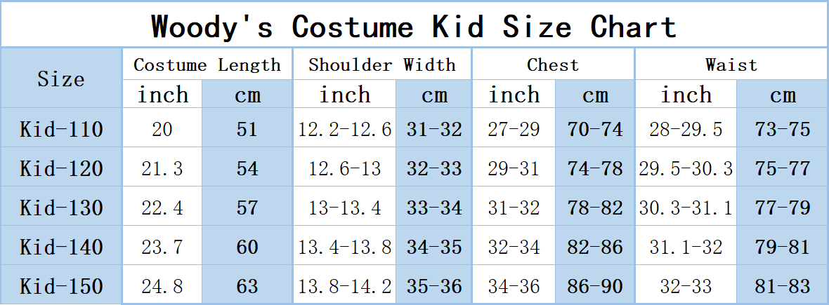Men cosplay size chart