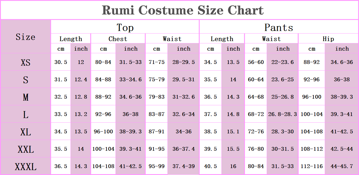 Men cosplay size chart