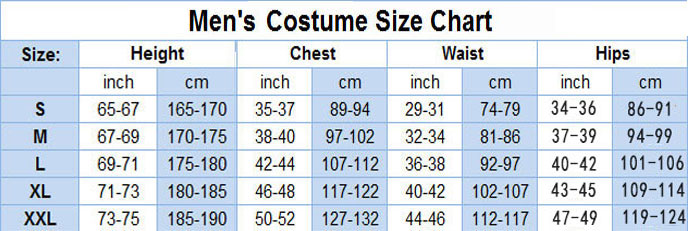 Men cosplay size chart